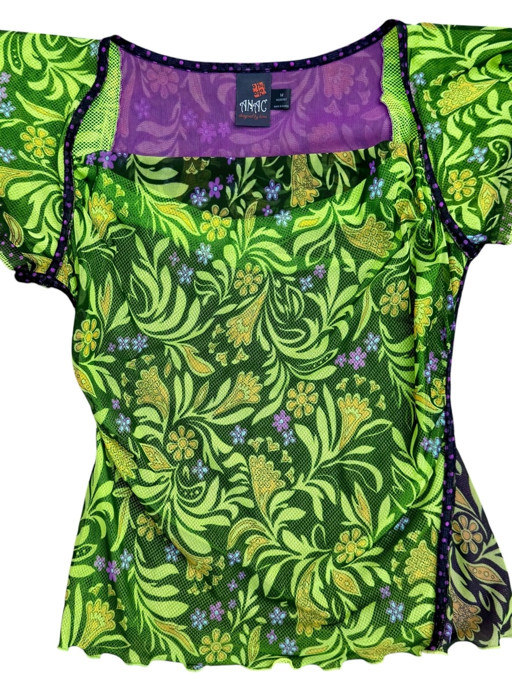 Y2K Anac Designed By Kimi Sheer Mesh Top Neon Green Purple Floral Print - M